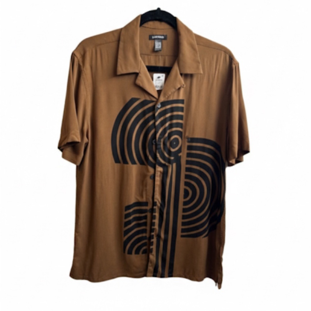 NWT Express Men's Brown Shirt with Black Geometric Print